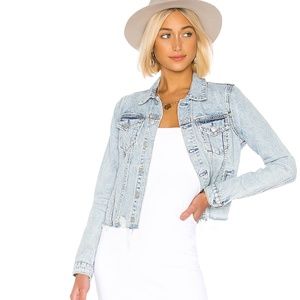 Light wash raw hem denim jacket